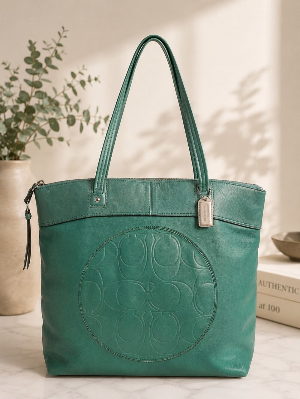 Coach Laura Seafoam Green Leather Signature Embossed Zip Tote Shoulder Bag EUC